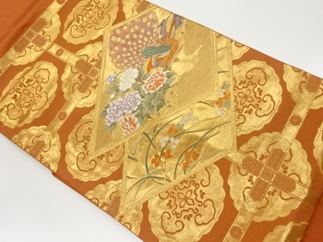 菱に孔雀・草花模様織出し名古屋帯